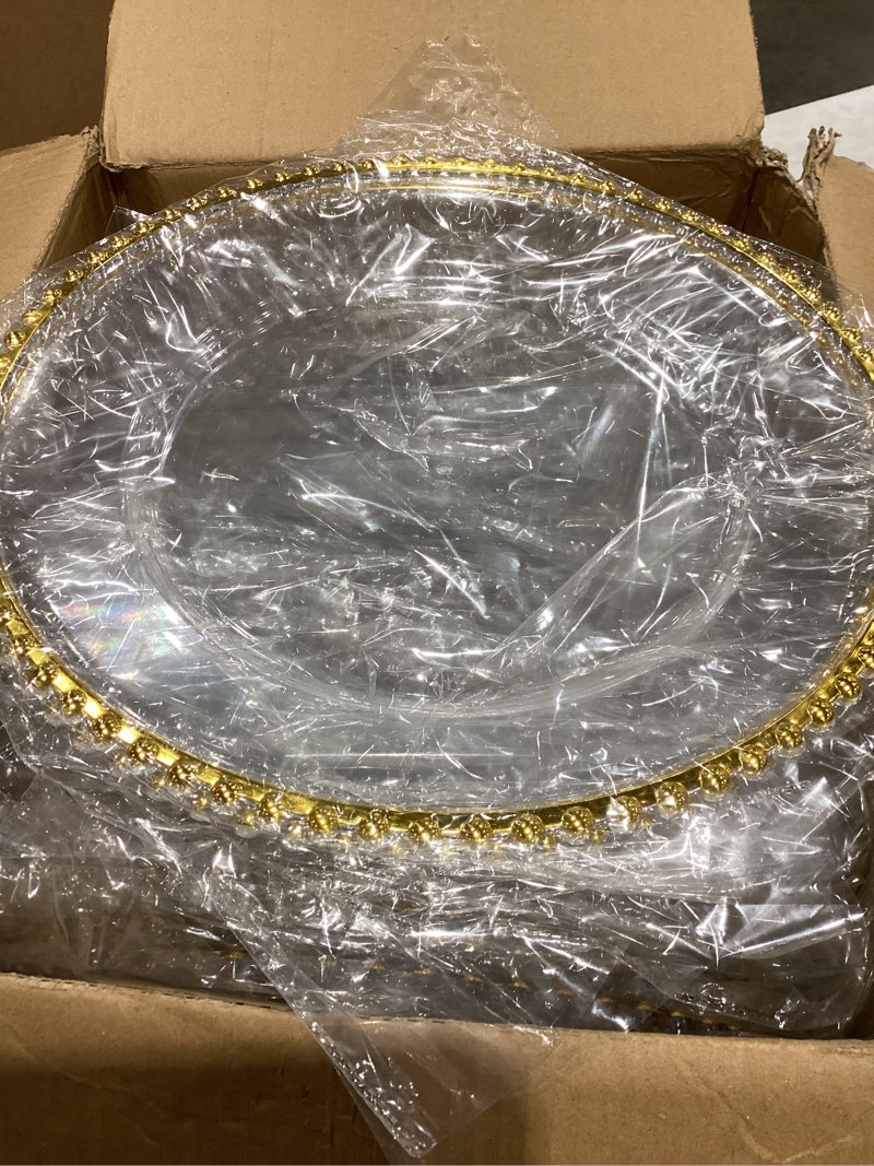 Condition photo showing Good Condition for ejonirinjonir ei 13 inch gold charger plate,50pcs clear charger plates with gold rim,disposable chargers plate,plastic chargers plates for dinne family party and wedding 50pcs gold beads