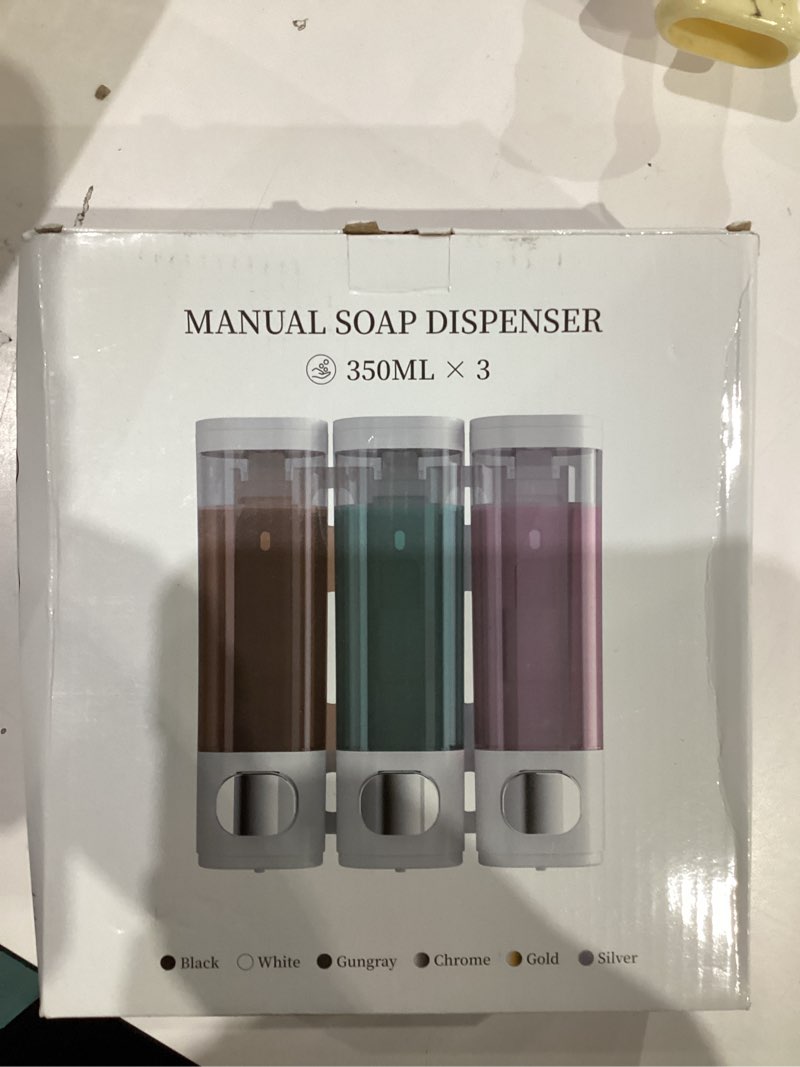 Condition photo showing New/Like New for Shampoo and Conditioner Dispenser,Shower Soap Dispenser 3 Chamber No Drill Wall-Mounted Shampoo Dispenser for Shower Wall Mounted Shower Dispenser for Bathroom Hotel Large Capacity,Black Black 3 Chamber