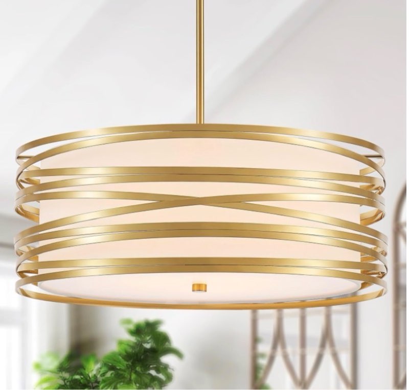 19.7“ Drum Chandelier Light Fixture Vintage Modern 5-Lights Golden Chandelier with White Linen Lampshade Rustic Farmhouse Drum Chandeliers for Dining Room, Bedroom, Kitchen