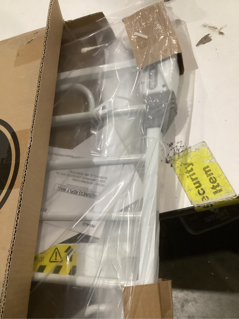 Condition photo showing New/Like New for regalo safety 38" baby gate for doorways & bottom of stairs, pressure mount design for babies, toddlers & pets, tested & safe for 30 years, american designed, american owned, white white 29-38.5"w x 30"h
