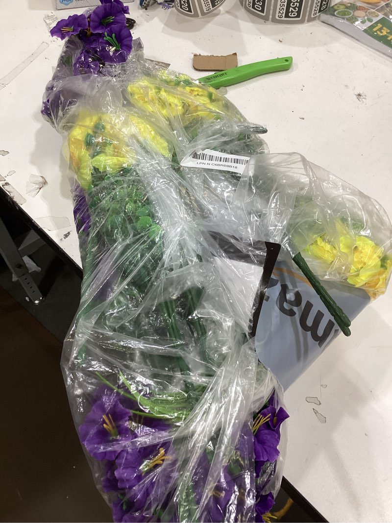 Condition photo showing As Is for inqcmy artificial flowers for outdoors, 12 bundles uv resistant fake morning glory and 2 bundles greenery grass, silk faux plants for garden porch patio home decor purple&yellow