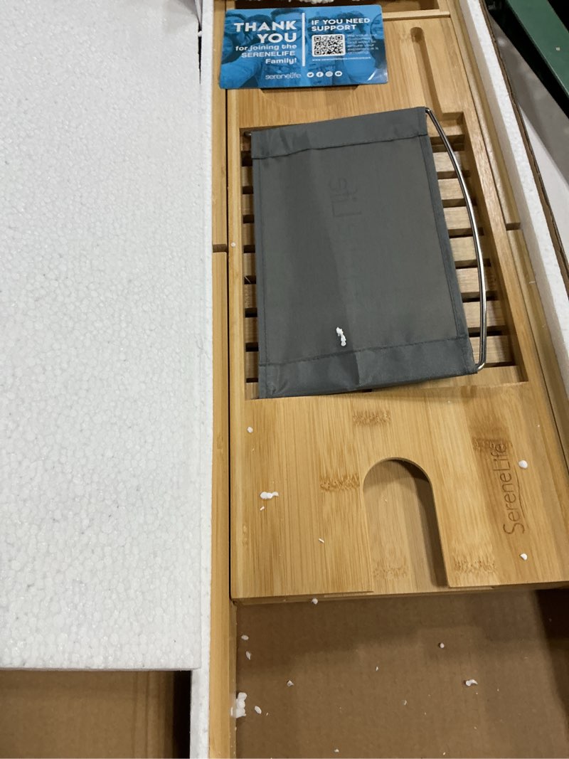 Condition photo showing Good Condition for serenelife luxury bamboo bathtub caddy tray - adjustable natural wood bath tub organizer with wine holder, cup placement, soap dish, book space & phone slot for spa, bathroom & shower - slbcad20 1) classic legacy
