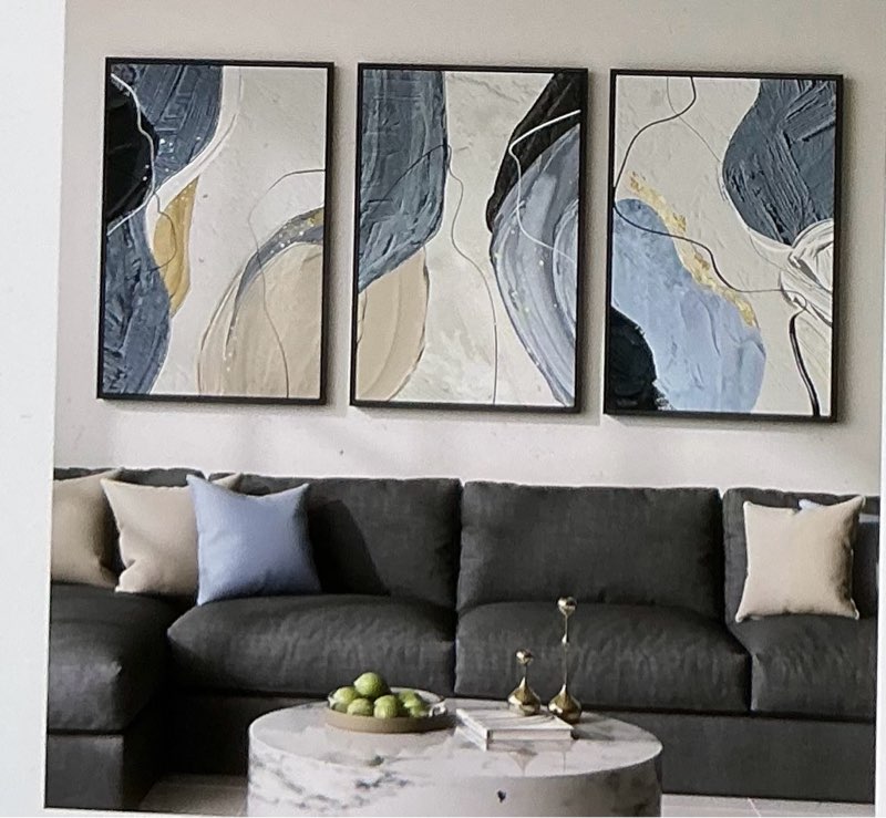 large framed abstract wall art for living room, set of 3 modern canvas artworks for wall, minimalist blue and gray paintings for bedroom, hallway, office, decoration