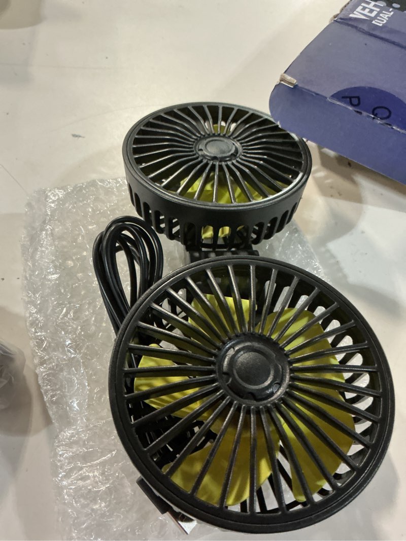Condition photo showing Good Condition for hayousui usb car cooling fans for backseat: dual head car fan for kids 3 speeds 360° rotatable vehicle rear headrest fans 5v/2a powerful electric air circulation fan for sedan suv rv truck (usb plug) black+green
