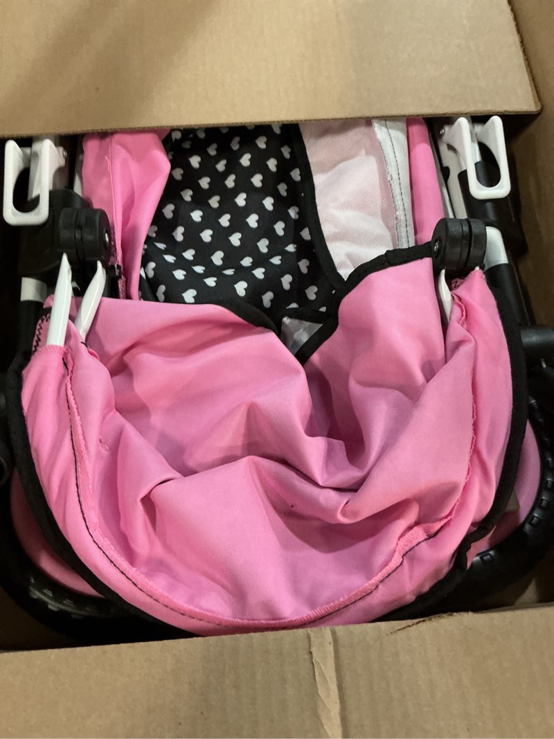 Condition photo showing As Is for Bayer Design Dolls: Trendy Pram - Hearts Black & Pink - Includes Matching Shoulder Bag, for Dolls Up to 18", Foldable, Kids Pretend Play Toy, Ages 3+