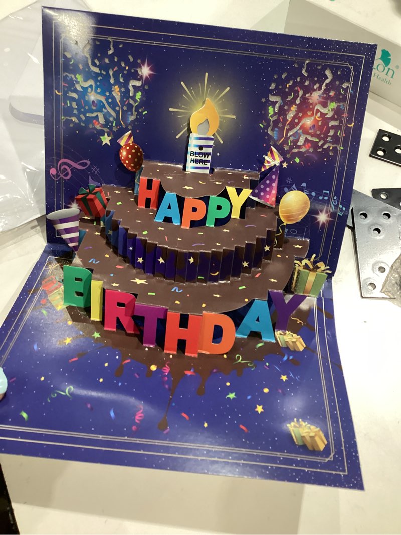 Condition photo showing As Is for happy birthday cards, musical led lights birthday card with envelope and note tag, pop up birthday gifts for women, men, dad, wife, mom, husband blue