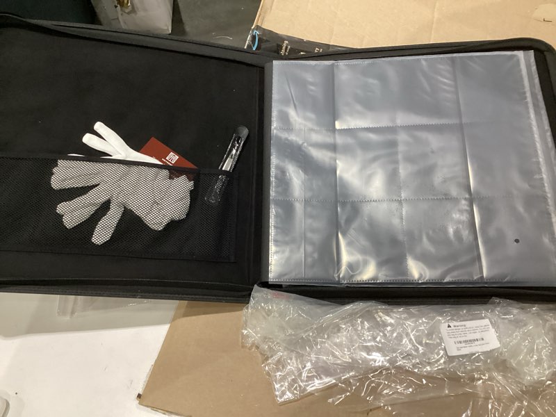 Condition photo showing As Is for toploader binder | holds 384 toploaders | 12-pocket | ringless double-sided pockets | includes collector tweezers & gloves | premium top loader binder for trading cards, pokemon, yu-gi-oh & tcg 12 pocket - black