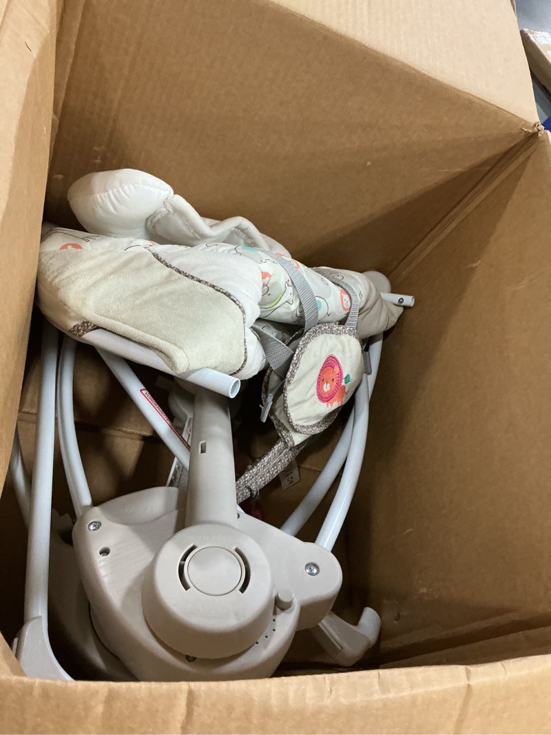 Condition photo showing As Is for ingenuity soothe 'n delight compact portable 6-speed plush baby swing with music, folds easy, 0-9 months 6-20 lbs (cozy kingdom)