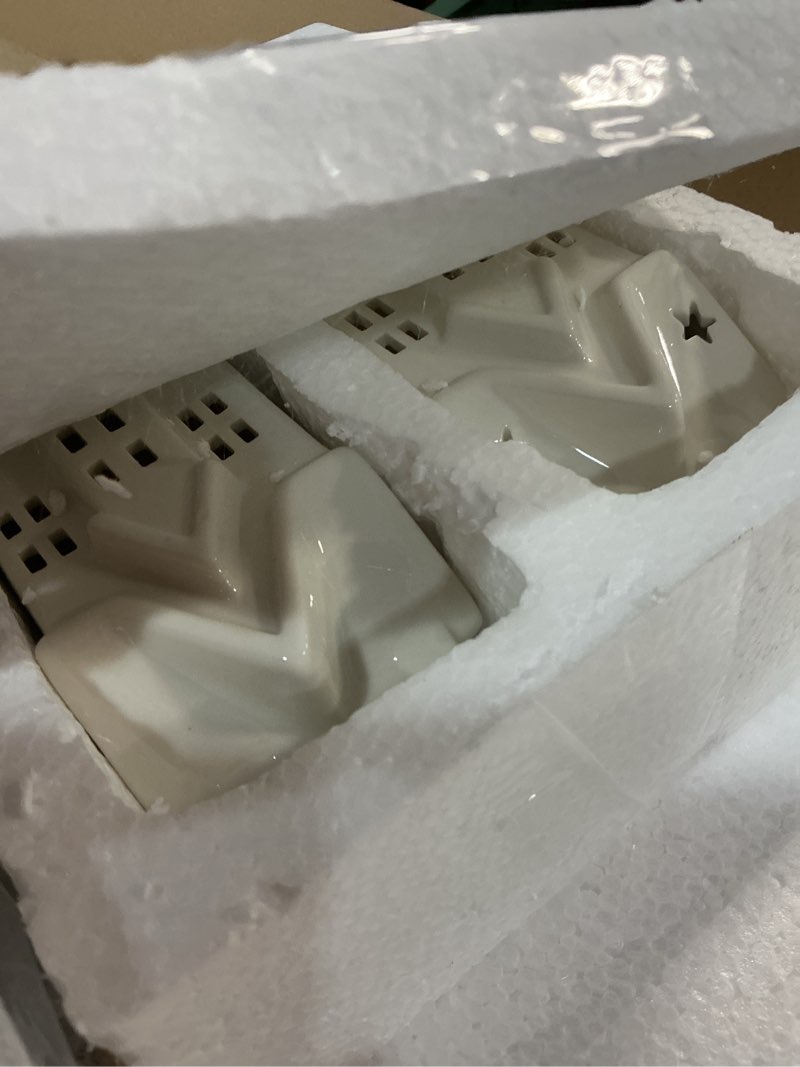 Condition photo showing Good Condition for 17 Pcs Ceramic White Christmas Village Sets LED Lighted Ceramic Winter Village Houses Porcelain Christmas Tree Plastic Vintage Truck for Xmas Winter Party Table Centerpiece Decorations