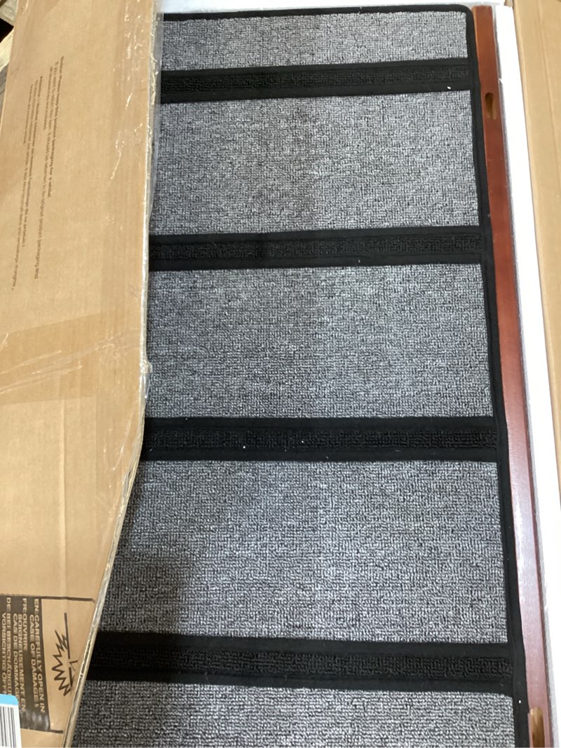 Condition photo showing Good Condition for dog ramp for bed or couch, wooden pet ramp with 20° gentle slope, removable side rails, non-slip surface, top platform & wheels, safe bed ramp for small, large & senior dogs, 74" long, mahogany mahogany l-73.2"l x 16"w x 25"h