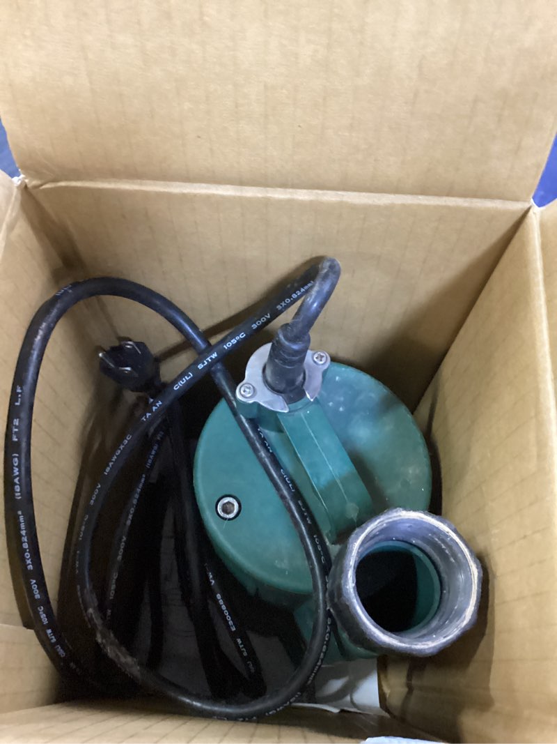 Condition photo showing As Is for zoeller 1/3 hp 2100 gph thermoplastic electronic switch bottom ac submersible utility pump
