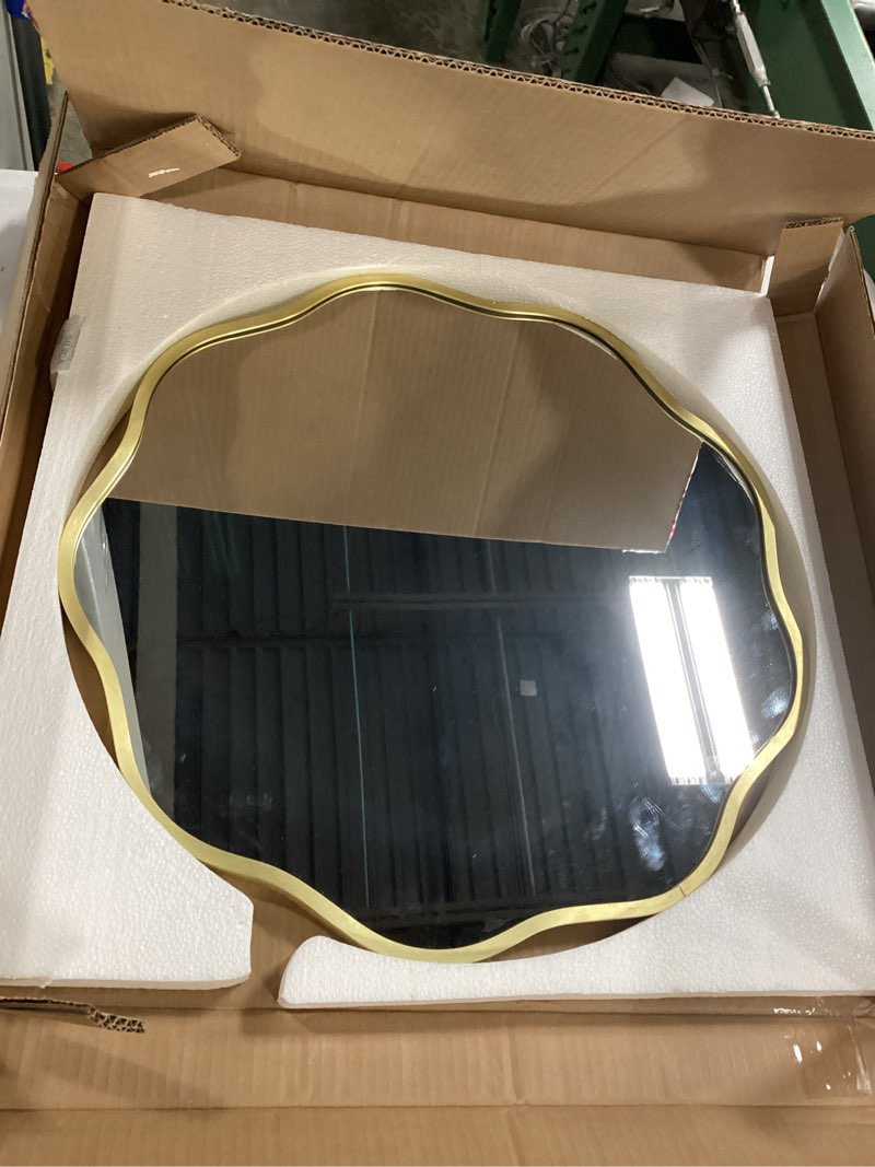 Condition photo showing Good Condition for voobang gold scalloped circle mirror, 24" wavy edge round wall mirror with tempered glass textured circular metal deep frame, hanging leaning for bathroom, hallway, entryway, livng room