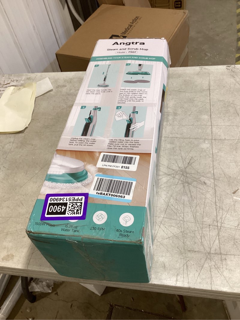 Condition photo showing New/Like New for angtra scrubbing steam mop with rotating mop pads, all-in-one hard floor cleaner with led headlights, steam & spin control, 6 soft scrub pads, swivel steering, fs07 white