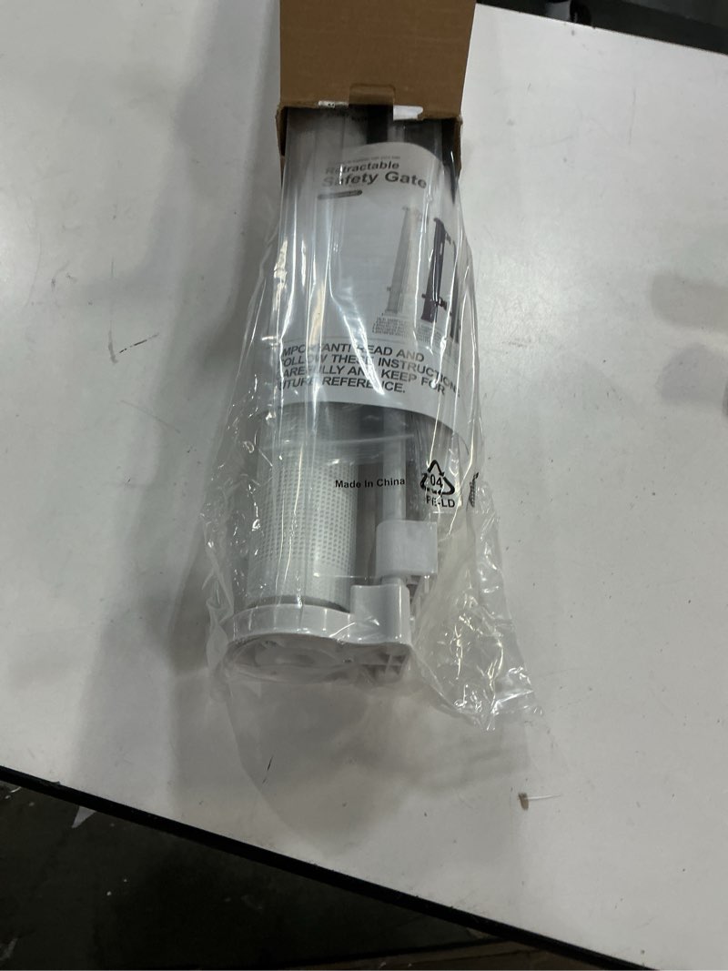 Condition photo showing New/Like New for reinforced 28 inch tall retractable baby gates for dogs, easy step over pet gate with support rods, 55" wide retractable dog gate, puppy gates for the house short dog gate for stairs, doorways, white