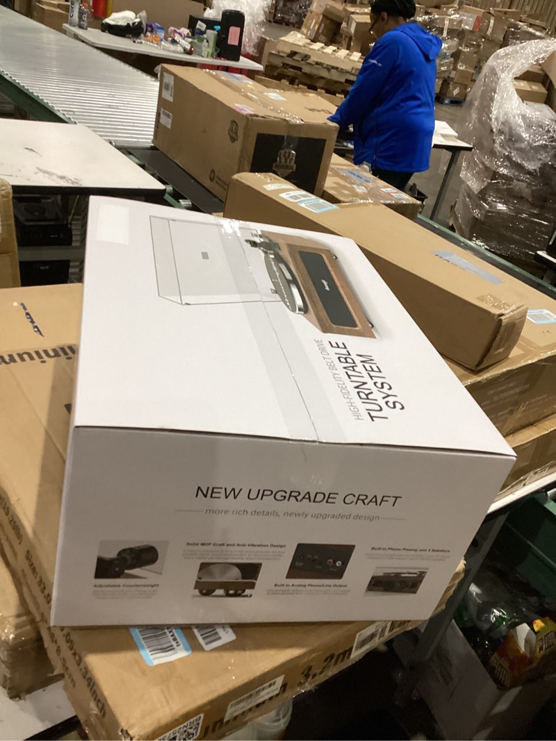 Condition photo showing New/Like New for All-in-One Vintage Record Player High Fidelity Belt Drive Turntable for Vinyl Records Built-in 2 Tweeter and 2 Bass Stereo Speakers, Vinyl Player with MM Cartridge, Bluetooth, Aux-in, RCA, Auto Stop Brown