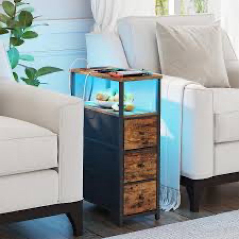 TUTOTAK Narrow LED Night Stand with Charging Station, Slim End Table with Plugins, Tall Side Table w