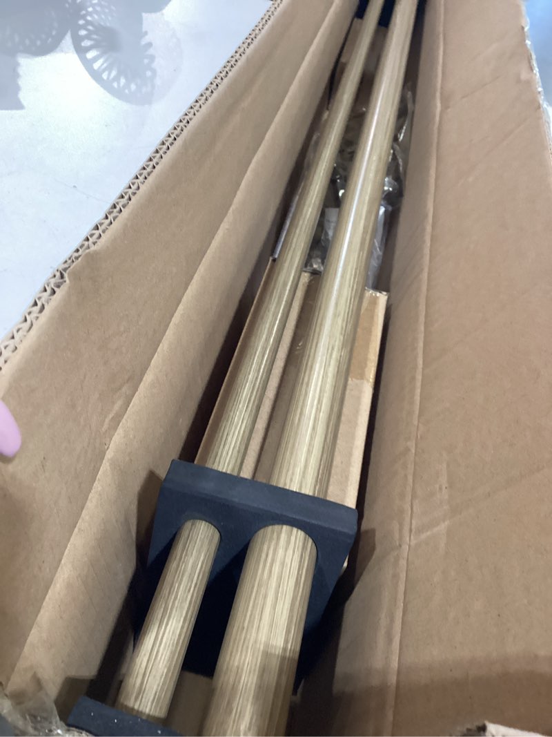Condition photo showing Good Condition for oak wood grain window rods, double curtain rod 36-72” telescoping length 1inch diameter front poles and 5/8inch diameter back poles oak wood 36-72"