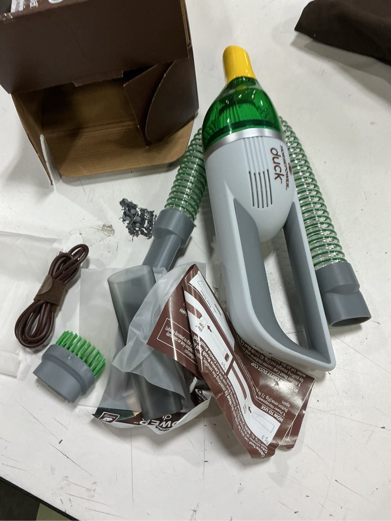 Condition photo showing As Is for horsepower duck compact cordless vacuum, ultra-powerful upgraded battery for extra-long run time, as seen on tv, strong suction, easy to store, portable & rechargeable. home & auto (duck basic)