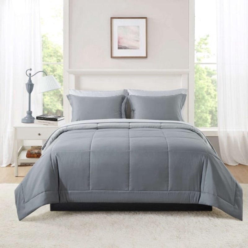 mainstays all in one reversible comforter and sheet set, 7-piece, queen, gray
