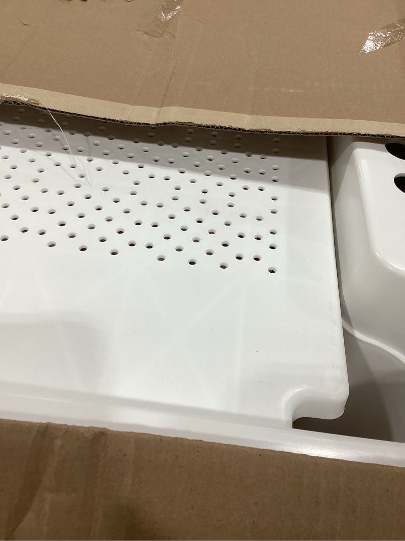 Condition photo showing As Is for Zenna Home Utility Sink for Laundry Room and Garage, Freestanding Laundry Sink for Garage or Kitchen, Indoor & Outdoor Utility Tub with Pull-Out Faucet, Towel Bar, 24" W x 24" D x 36.75" H, White