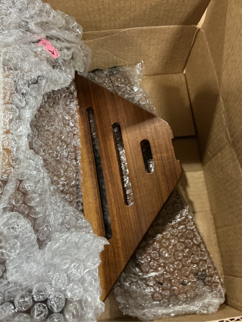 Condition photo showing As Is for shower foot rest 15 in, acacia shower stool for shaving legs,corner bath shower bench with starage shelf for inside small shower spaces