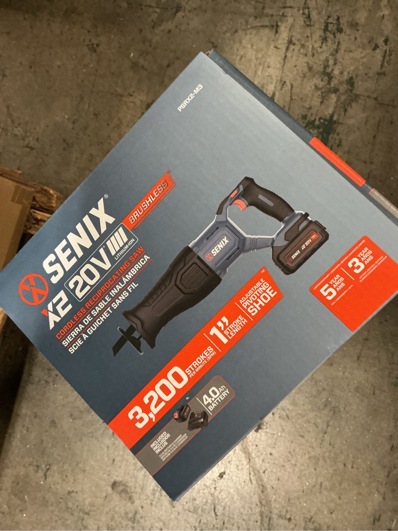Condition photo showing New/Like New for senix 20 volt max* cordless reciprocating saw, 3200 spm, brushless motor, variable speed, & quick blade release, battery, & charger included (psrx2-m3)