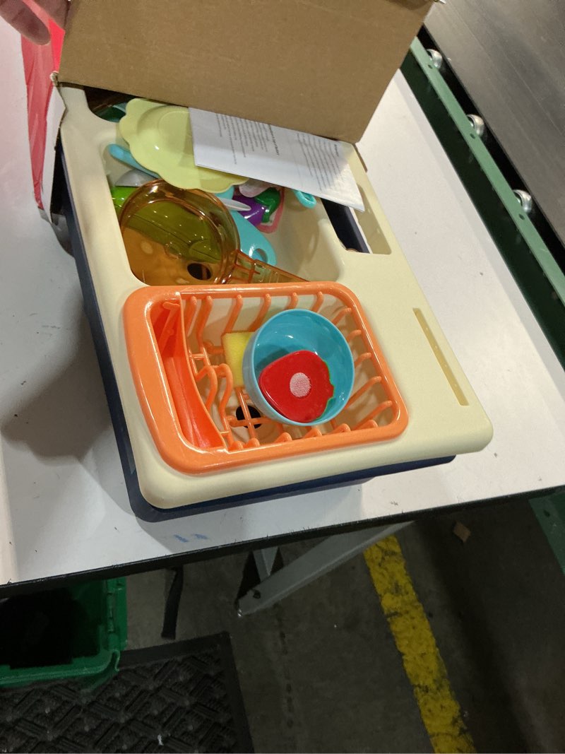 Condition photo showing Good Condition for cute stone pretend play kitchen sink toys with play cooking stove, pot and pan with spray realistic light and sound, dish rack & play cutting food, utensils tableware accessories for kids toddlers play sink with steam
