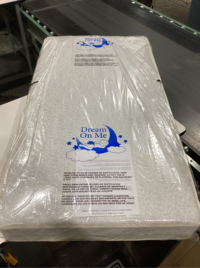 Condition photo showing New/Like New for dream on me twilight 5” crib & toddler bed mattress, platinum, 88 coil innerspring support, waterproof & stain-resistant vinyl cover, greenguard gold & jpma certified, made in usa platinum crib