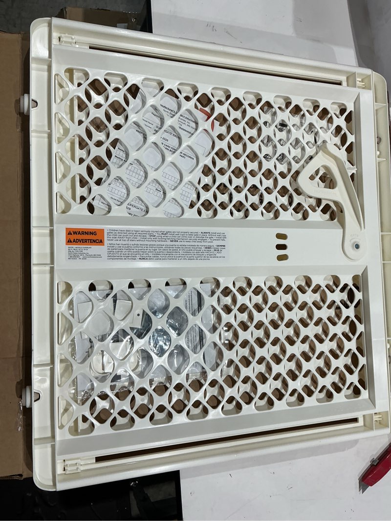 Condition photo showing Good Condition for toddleroo by north states 42” wide supergate ergo baby gate, made in usa: for doorways or stairways. includes wall cups. pressure or hardware mount. 26” - 42” wide (26" tall, ivory) (b0065adp4c)
