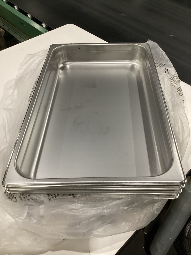 Condition photo showing New/Like New for 4 pcs half size hotel pan, 1/2 size 2.5 inch deep stainless steel steam table pan half pans for chafing dishes, breading trays for hotel, party, buffet, catering supplies