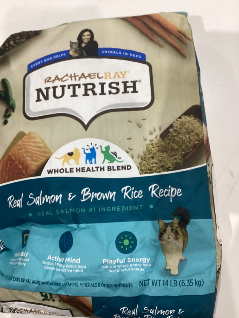 Condition photo showing New/Like New for (Best by mar 13 2026)Rachael Ray Nutrish Premium Natural Dry Cat Food with Added Vitamins, Minerals & Other Nutrients, Real Salmon & Brown Rice Recipe, 14 Pound Bag