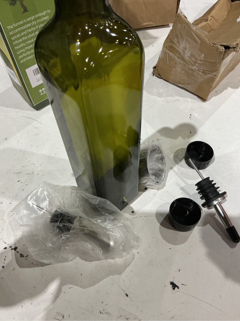 Condition photo showing As Is for aozita 17oz glass olive oil bottle dispenser - 500ml green oil and vinegar cruet with pourers and funnel - olive oil carafe decanter for kitchen dark green 17 ounces