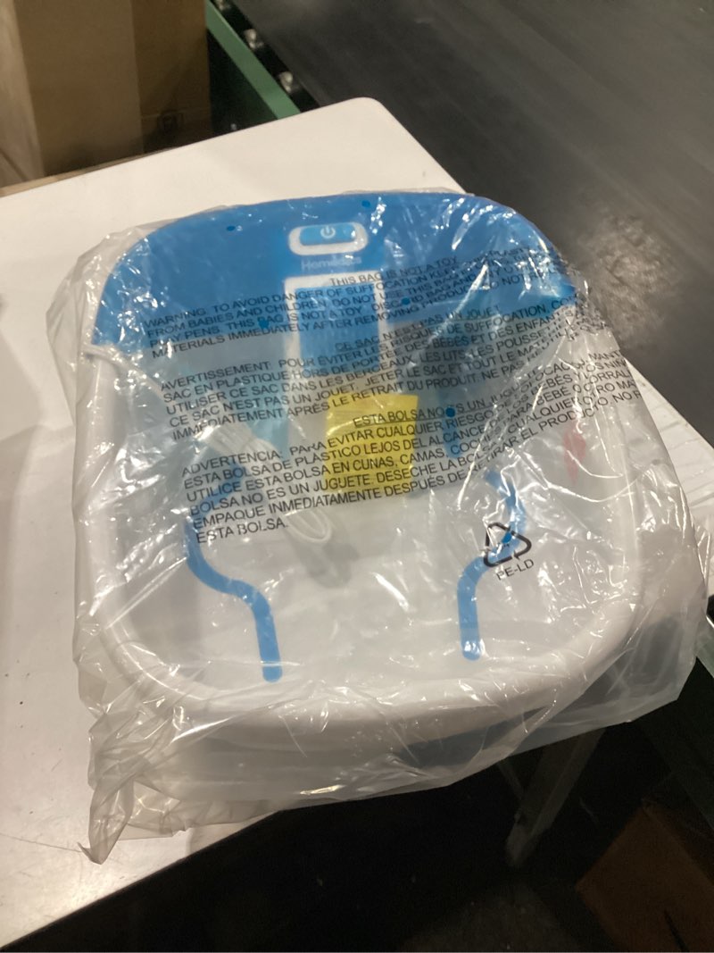 Condition photo showing New/Like New for homedics bubble bliss deluxe foot spa with heat massaging arch, 3 acupressure attachments, splash guard, raised nodes creates bubbles, improves circulation, soothe tired muscles standard blue