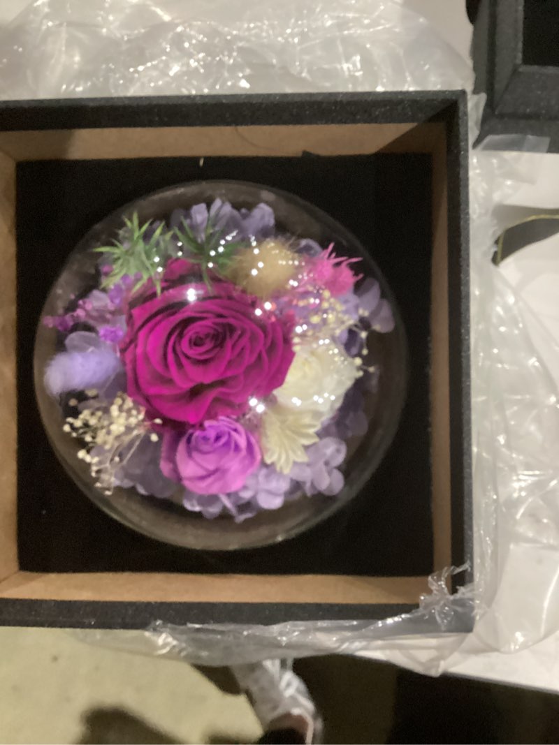 Condition photo showing New/Like New for fiaco gifts for women mom birthday preserved flowers in glass dome forever fresh flowers for delivery mothers day eternal roses gifts for grandma wife daughter friends a-purple roses baby's breath, hydrangeas