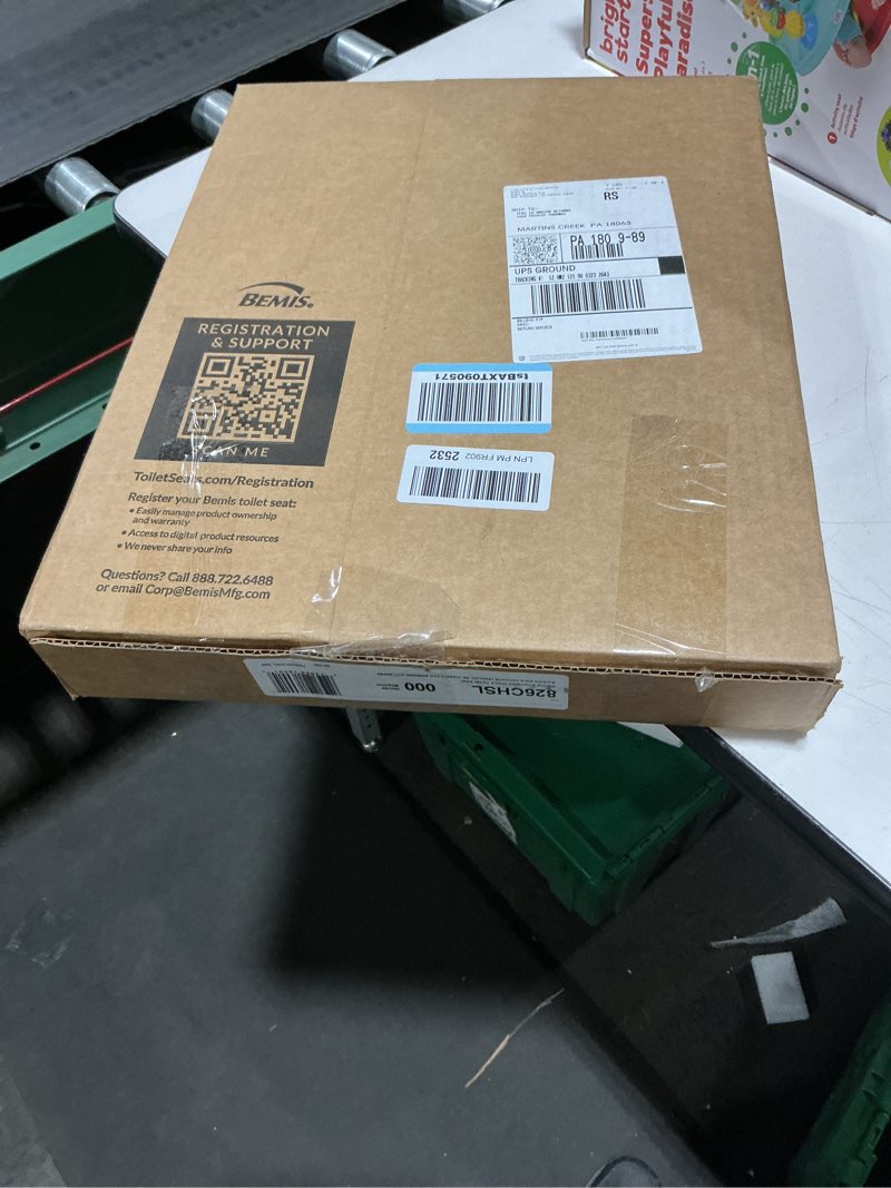 Condition photo showing New/Like New for Mayfair Bennett Toilet Seat with Chrome Hinges, Slow Close Wood Seat, Secure Metal Hinges, Easy Install, Made in USA, Round, White Round Chrome