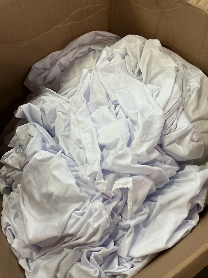 Condition photo showing As Is for 10 pack white spandex round tablecloths for 60inch tables, 120 inch stretchy 5ft round fitted tablecloth wrinkle free washable table cloths table covers with skirt for wedding party birthday banquet white(round) 10 pack (5 ft round)