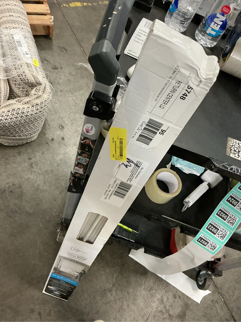 Condition photo showing As Is for mainstays cordless 1" vinyl light filtering blinds, white, 43" width x 64" length
