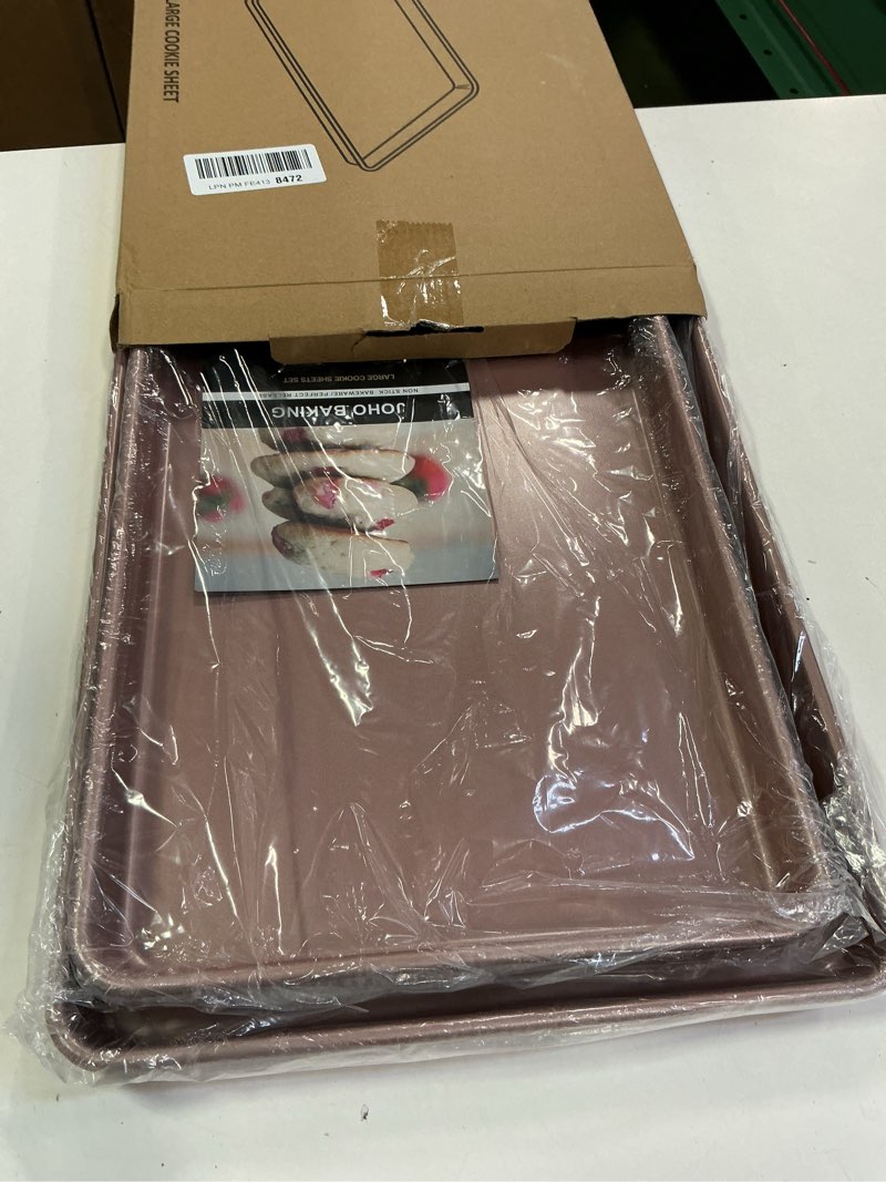 Condition photo showing New/Like New for 3-Pack Nonstick Carbon Steel Baking Sheet Set | Heavy Duty 0.8mm Cookie Sheets - Large 17.8"x12" & 2 Medium 15.7"x10.8" Commercial Gold Pans for Oven, Roasting & Toaster Large cookie sheets 3pack