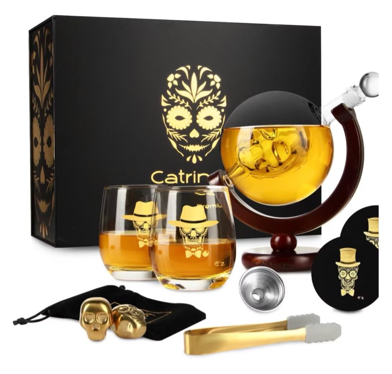 Catrinaz® Luxury Skull Whiskey Decanter Set – 0.9L Carafe with 2 Gold Whiskey Stones, 2 Glasses & Coasters – Gift Box – Unique Gift