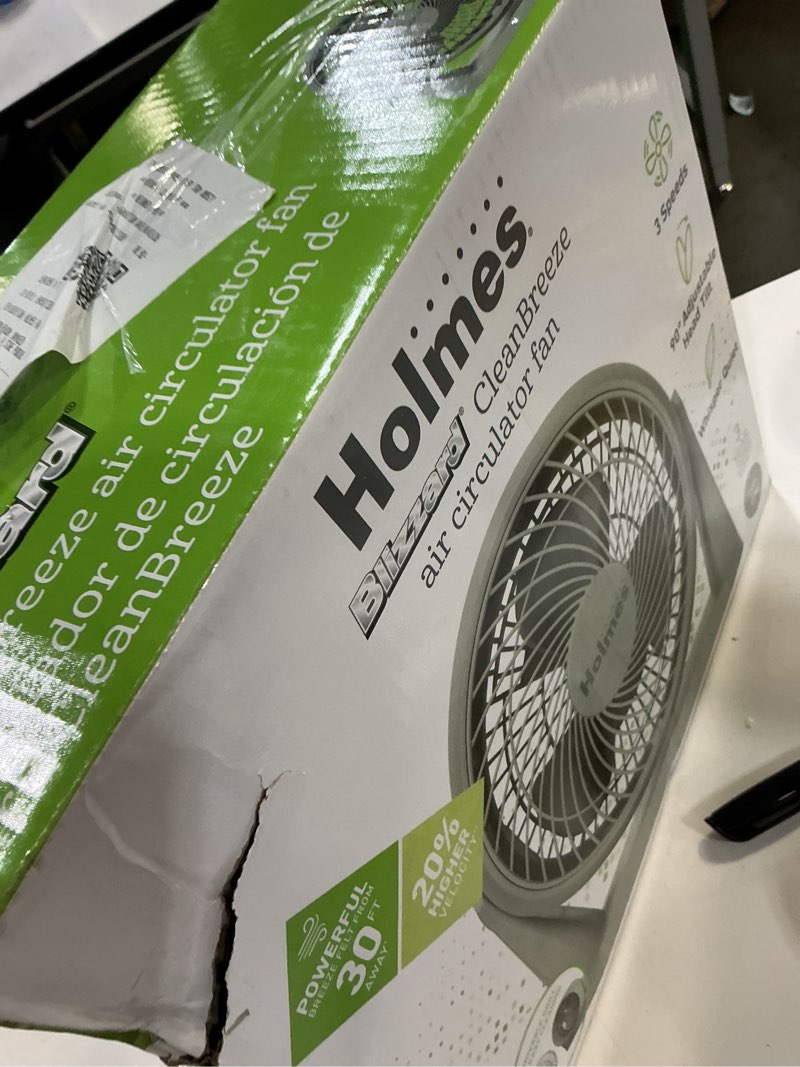 Condition photo showing Good Condition for holmes blizzard air circulator fan, 3 speeds, 90° tilt, removable grill, cool grey