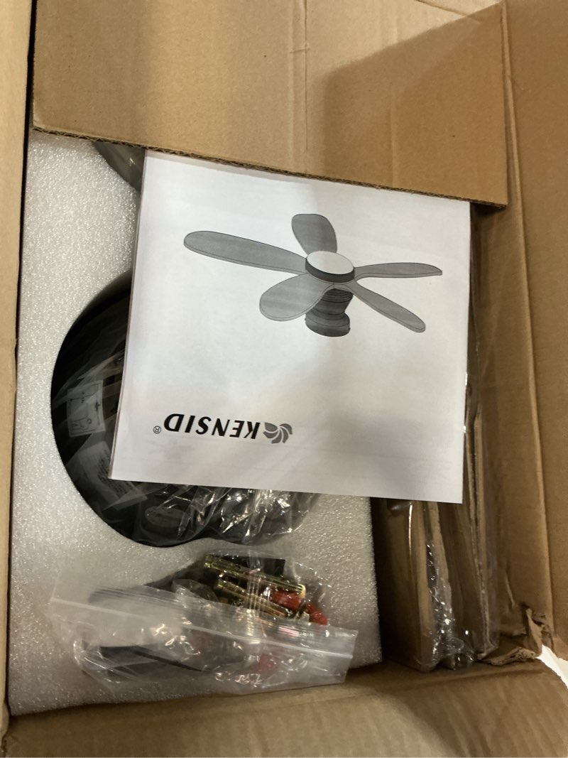Condition photo showing New/Like New for 36 Inch Flush Mount Ceiling Fans with Lights and Remote, Dimmable, Wall Switch, 5 Blades Wood Ceiling Fan with Light, Low Profile Outdoor Indoor Modern Ceiling Fan for Bedroom Patio (Black Walnut) Deep Walnut Flush Mount 36 inch