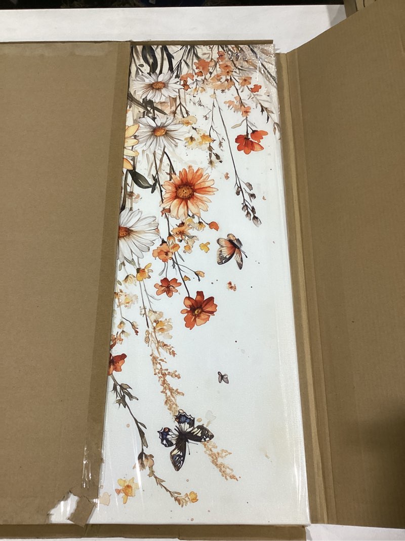 Condition photo showing Good Condition for Soft Pink Daisies and Butterflies Canvas Wall Art Framed Flower Painting Pastel Floral Nature Wall Decor Print Poster Serene Gentle Artwork for Girls Room Bedroom Bathroom Living Room 16x24 Inches