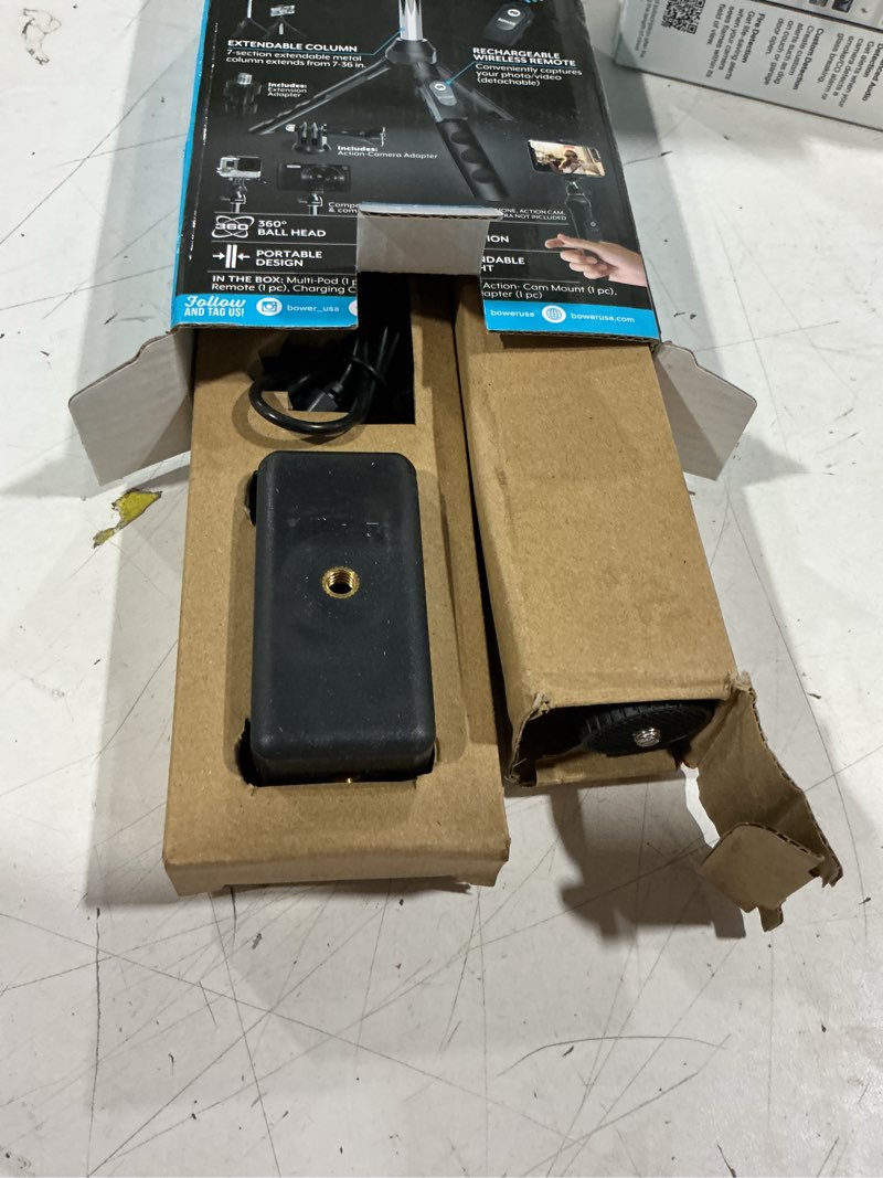 Condition photo showing As Is for bower 6-in-1 multi selfie tripod with smartphone & gopro mount, rechargeable wireless remote - black