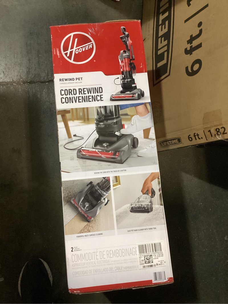 Condition photo showing As Is for hoover rewind pet upright bagless vacuum cleaner for carpet and hard floors, automatic cord rewind, above floor cleaning corded vacuum cleaners for home use, gray