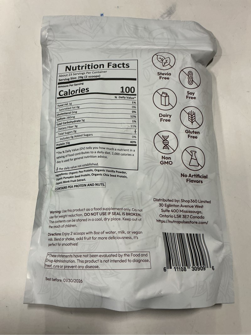 Condition photo showing New/Like New for (Best by:01/30/2026) NUTRAPULSE Organic Vegan Protein Powder – Vanilla Flavor, Plant-Based, Gluten-Free, Non-GMO, 20g Pro