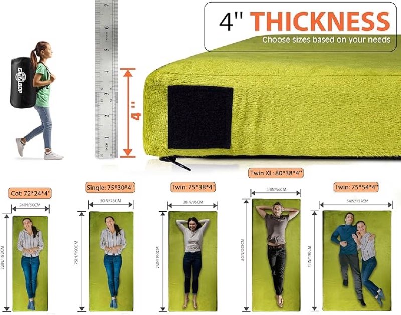 extra thick gaialoop 4 inch memory foam camping mattress, roll up floor sleeping mat camp cot mattress pad travel camping couch bed for guest adults side sleepers