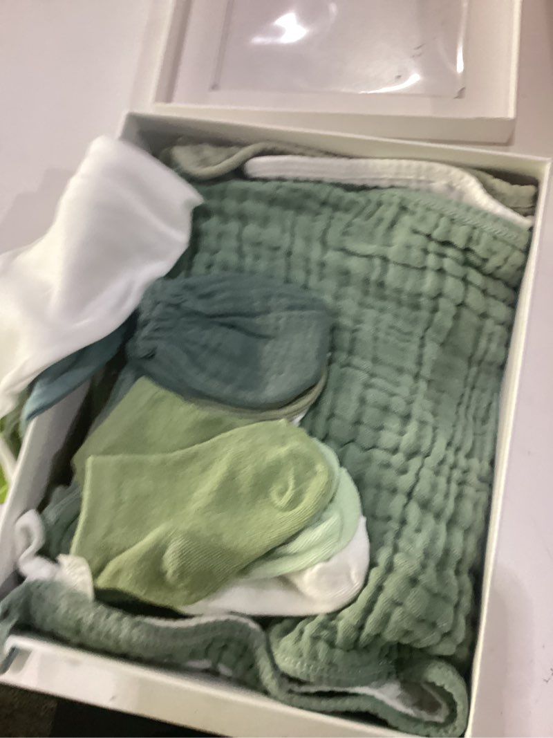 Condition photo showing New/Like New for ramede 15 pcs muslin newborn preemie swaddle gift set for baby boys girls, soft muslin swaddle blanket wraps set with hat, socks & bibs, baby shower box, 0-3 month newborn must haves gift (sage green)