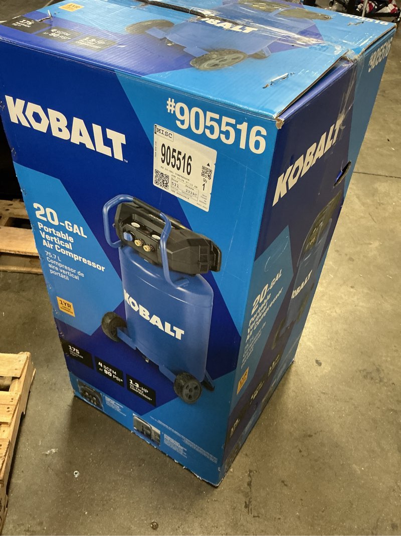 Condition photo showing As Is for kobalt 20-gallon portable electric 175 psi vertical air compressor