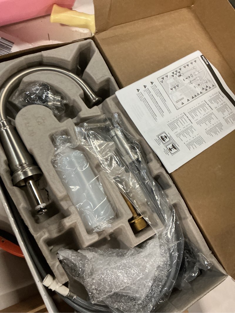 Condition photo showing Good Condition for Moen Edison Spot Resist Stainless One-Handle High Arc 4-hole Kitchen Faucet with Side Sprayer and Soap Dispenser, 87042SRS