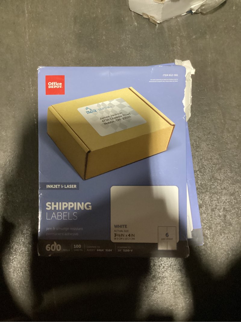 Condition photo showing Good Condition for office depot white inkjet/laser shipping labels, 3 1/3in. x 4in., box of 600, 505-o004-0010